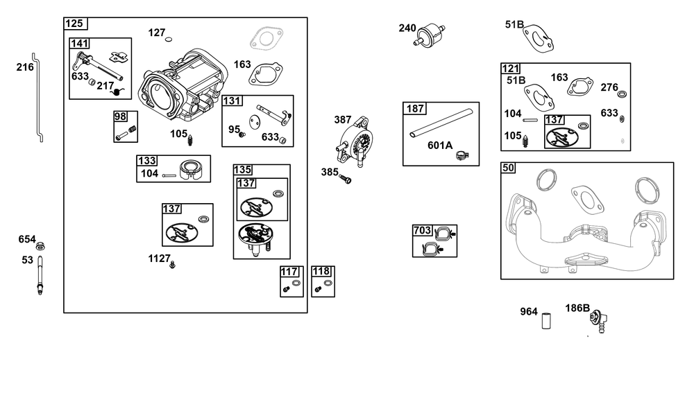 Carburetor And Fuel Supply Group Diagram and Parts List for 40R577-0002-H5 400000 - 699999 Briggs and Stratton Engine